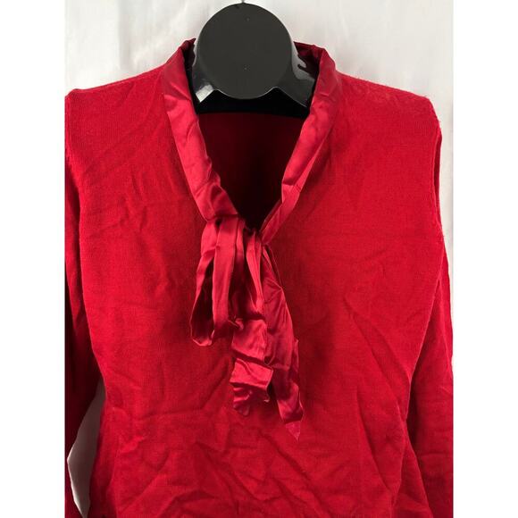 J. Peterman Red Wool Blend Sweater Silk Ribbon Tie Bow Women’s MEDIUM - Picture 9 of 12